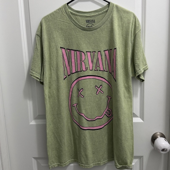 Nirvana Green Mint Pink Band Tee Happy Face T-shirt Size L Unisex - Picture 2 of 5
